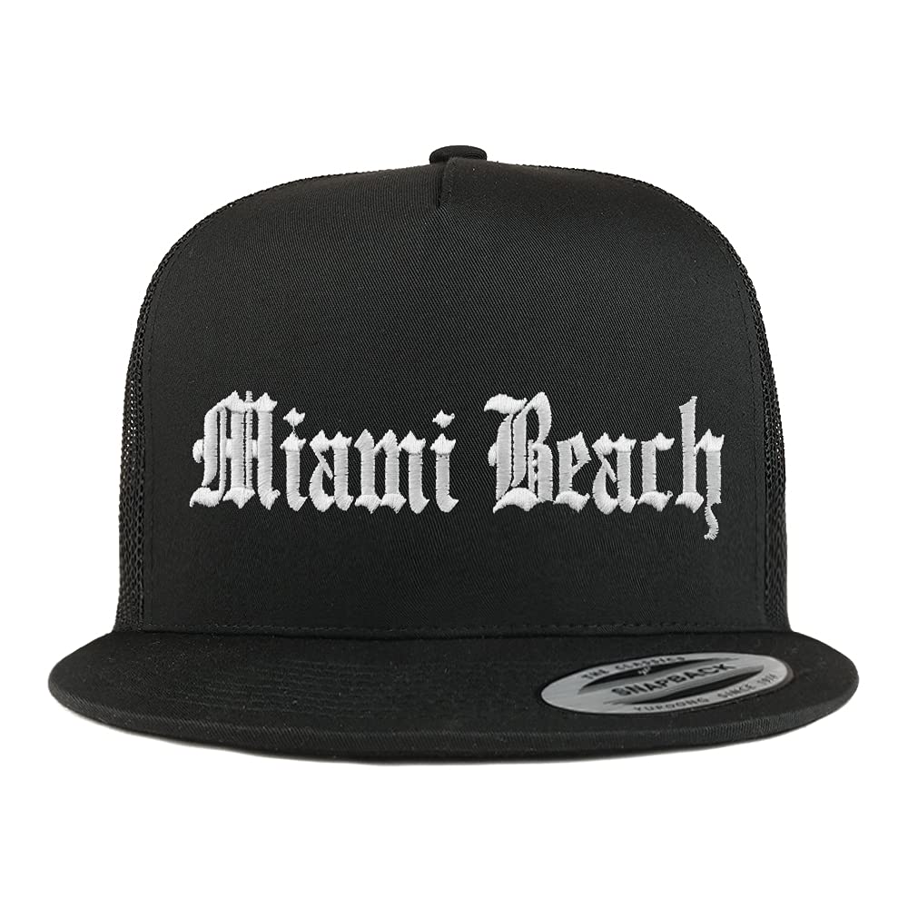Trendy Apparel Shop Miami Beach Old English 5 Panel Flatbill Trucker Cap