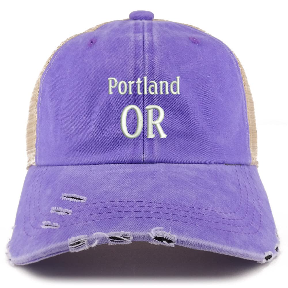 Trendy Apparel Shop Portland OR Embroidered Frayed Bill Trucker Mesh Back Cap