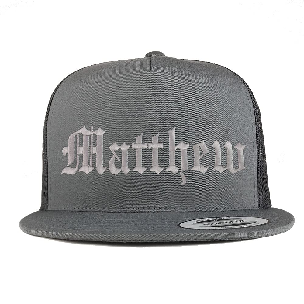 Trendy Apparel Shop Matthew Old English 5 Panel Flatbill Trucker Cap