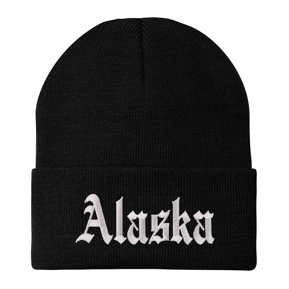 Trendy Apparel Shop Alaska State Old English Embroidered Long Cuff Beanie