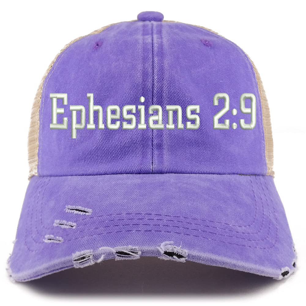 Trendy Apparel Shop Ephesians 2:9 Frayed Bill Trucker Mesh Back Cap
