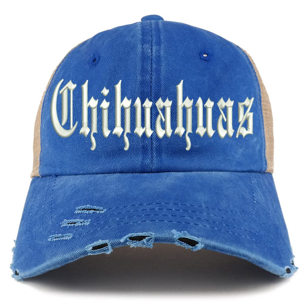 Trendy Apparel Shop Old English Chihuahuas Frayed Bill Trucker Mesh Back Cap