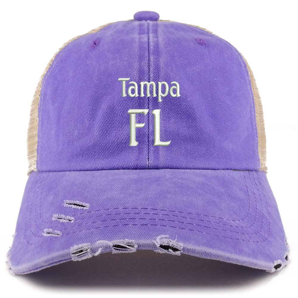 Trendy Apparel Shop Tampa FL Embroidered Frayed Bill Trucker Mesh Back Cap