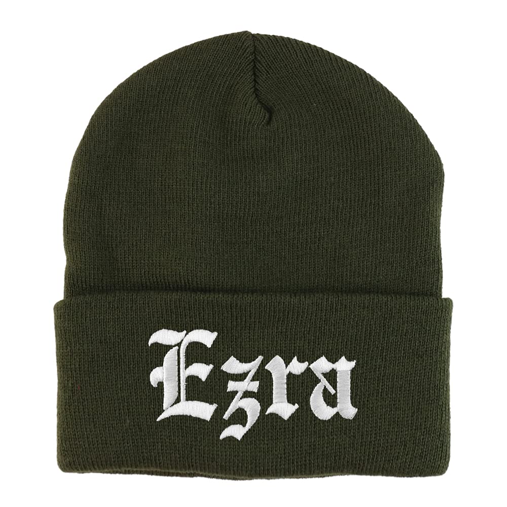 Trendy Apparel Shop Ezra Old English Embroidered Long Cuff Beanie