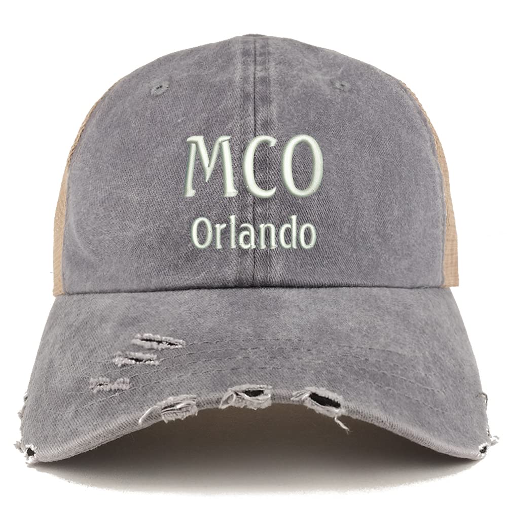 Trendy Apparel Shop MCO Orlando Embroidered Frayed Bill Trucker Mesh Back Cap