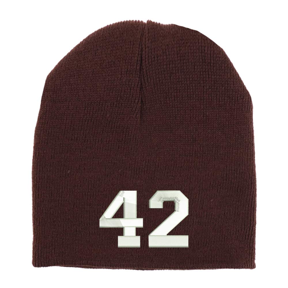 Trendy Apparel Shop Number 42 Collegiate Varsity Font Embroidered Made in USA Short Acrylic Knit Winter Beanie Hat