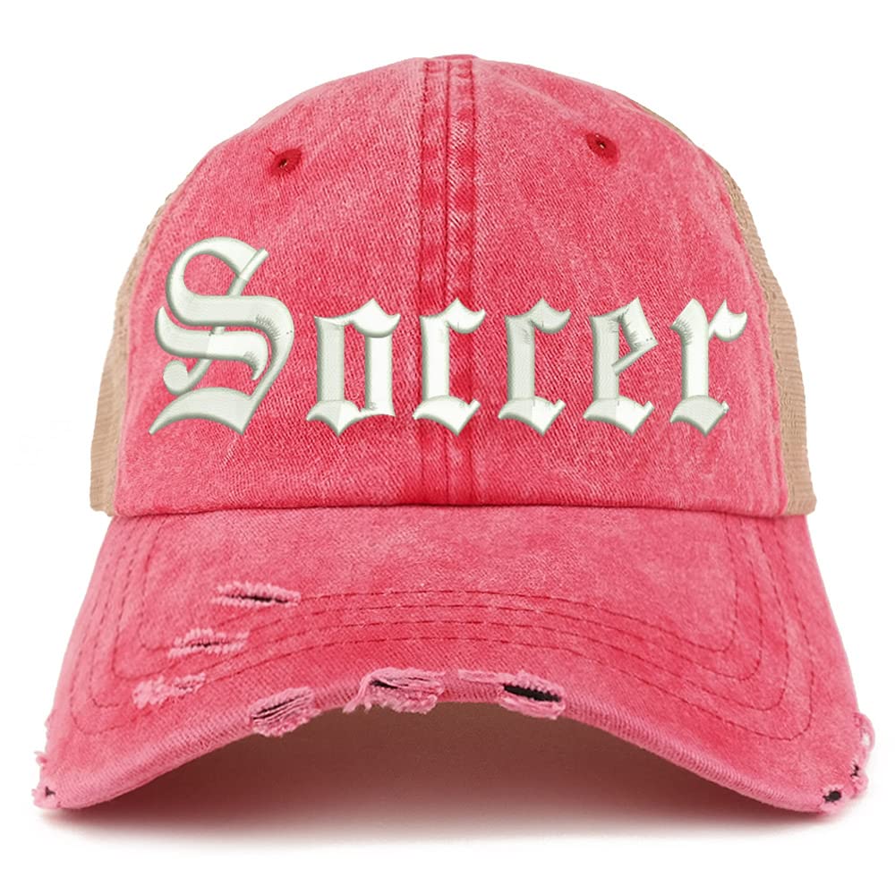 Trendy Apparel Shop Old English Soccer Frayed Bill Trucker Mesh Back Cap