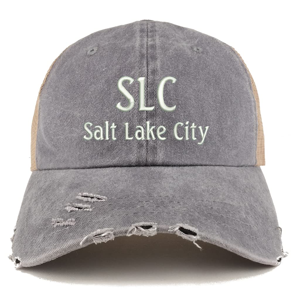 Trendy Apparel Shop SLC Salt Lake City Embroidered Frayed Bill Trucker Mesh Back Cap