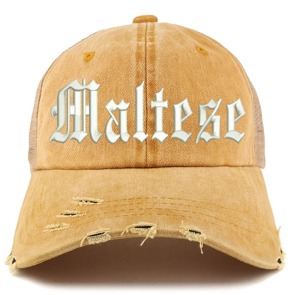 Trendy Apparel Shop Old English Maltese Frayed Bill Trucker Mesh Back Cap