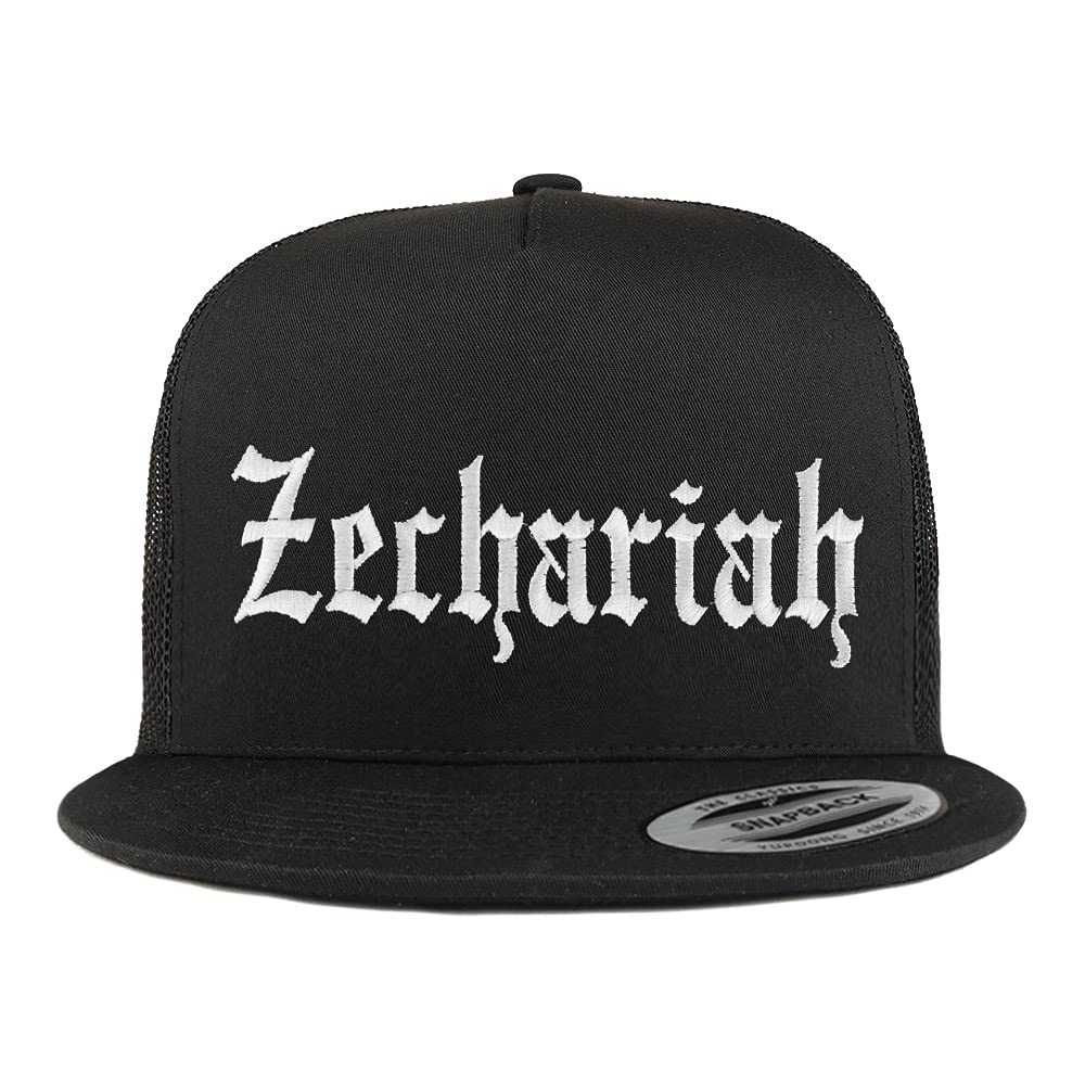 Trendy Apparel Shop Zechariah Old English 5 Panel Flatbill Trucker Cap