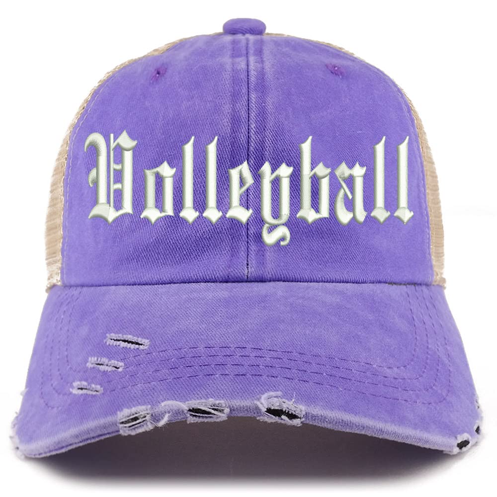 Trendy Apparel Shop Old English Volleyball Frayed Bill Trucker Mesh Back Cap