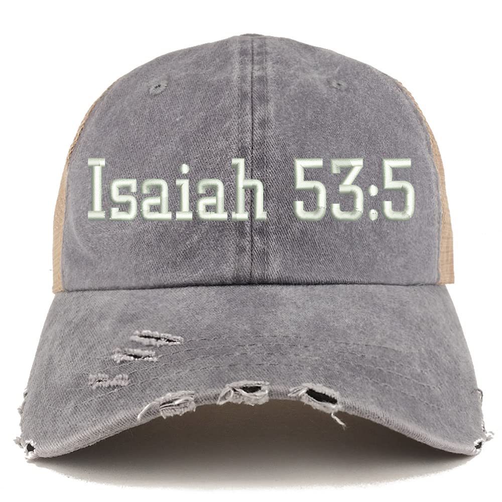 Trendy Apparel Shop Isaiah 53:5 Frayed Bill Trucker Mesh Back Cap