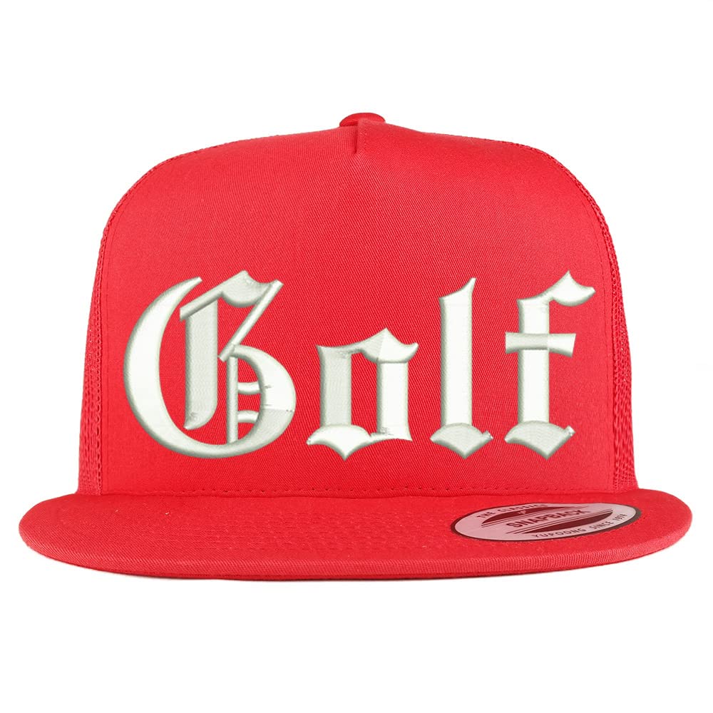Trendy Apparel Shop Old English Golf 5 Panel Flatbill Trucker Cap
