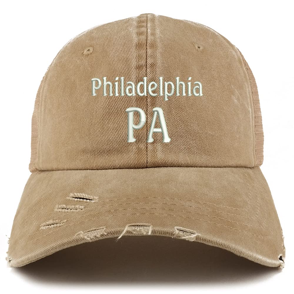 Trendy Apparel Shop Philadelphia PA Embroidered Frayed Bill Trucker Mesh Back Cap