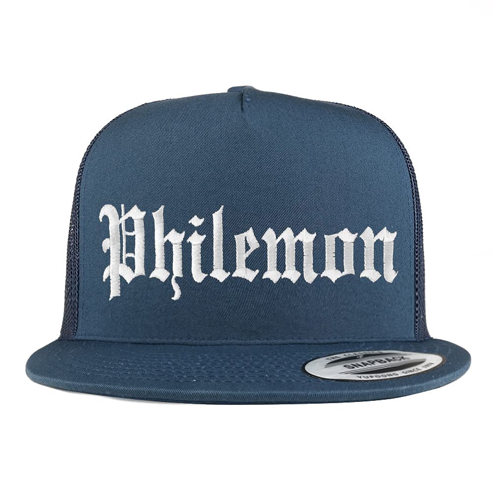 Trendy Apparel Shop Philemon Old English 5 Panel Flatbill Trucker Cap