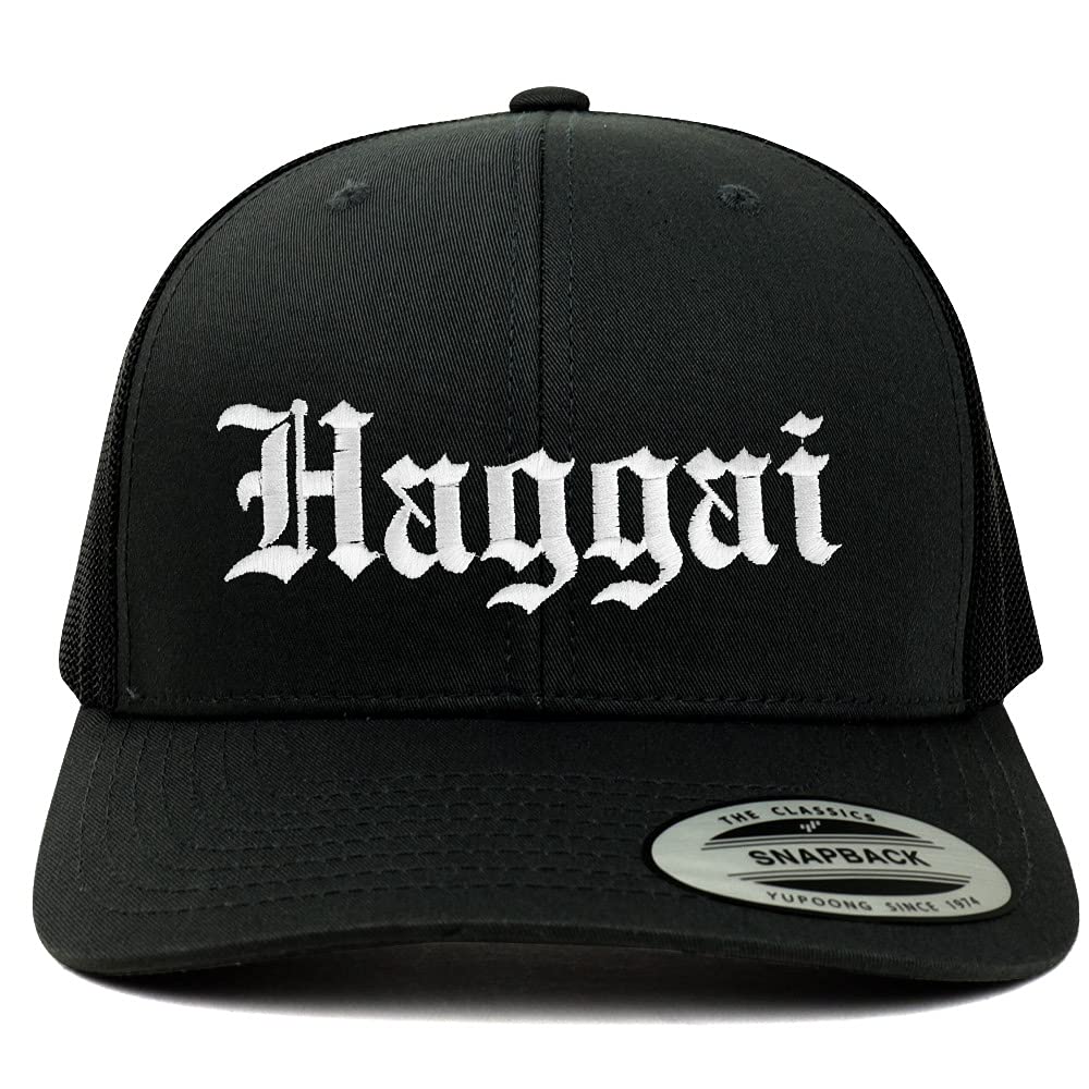 Trendy Apparel Shop Haggai Old English 6 Panel Trucker Mesh Cap