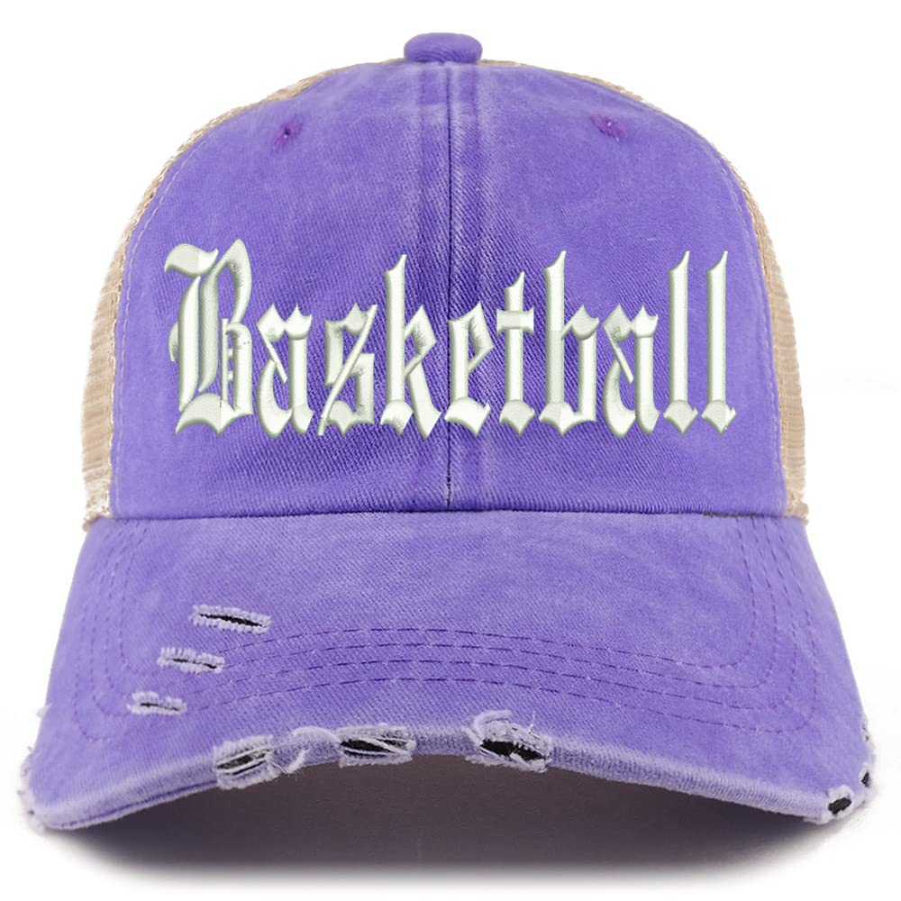 Trendy Apparel Shop Old English Basketball Frayed Bill Trucker Mesh Back Cap