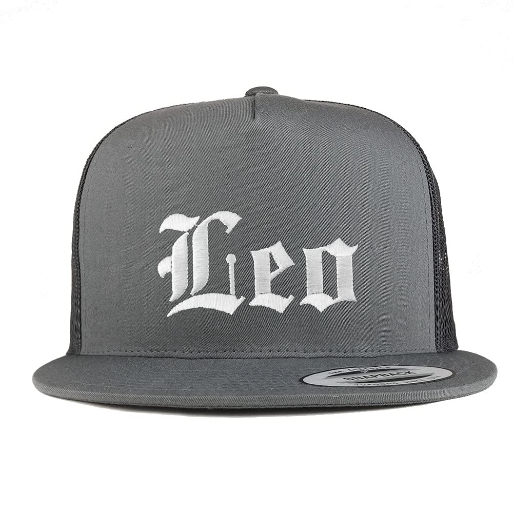 Trendy Apparel Shop Leo Old English 5 Panel Flatbill Trucker Cap