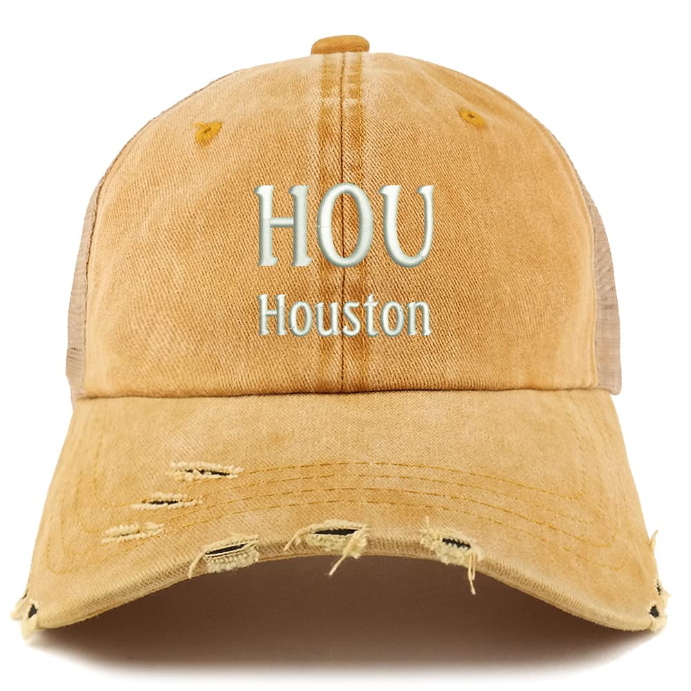Trendy Apparel Shop HOU Houston Embroidered Frayed Bill Trucker Mesh Back Cap