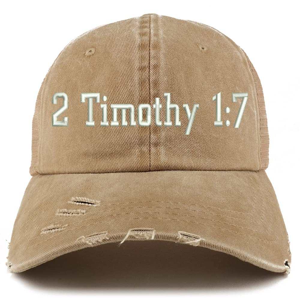 Trendy Apparel Shop 2 Timothy 1: 7 Frayed Bill Trucker Mesh Back Cap