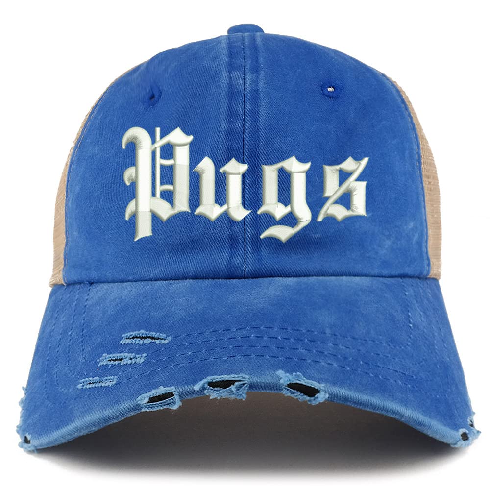Trendy Apparel Shop Old English Pugs Frayed Bill Trucker Mesh Back Cap