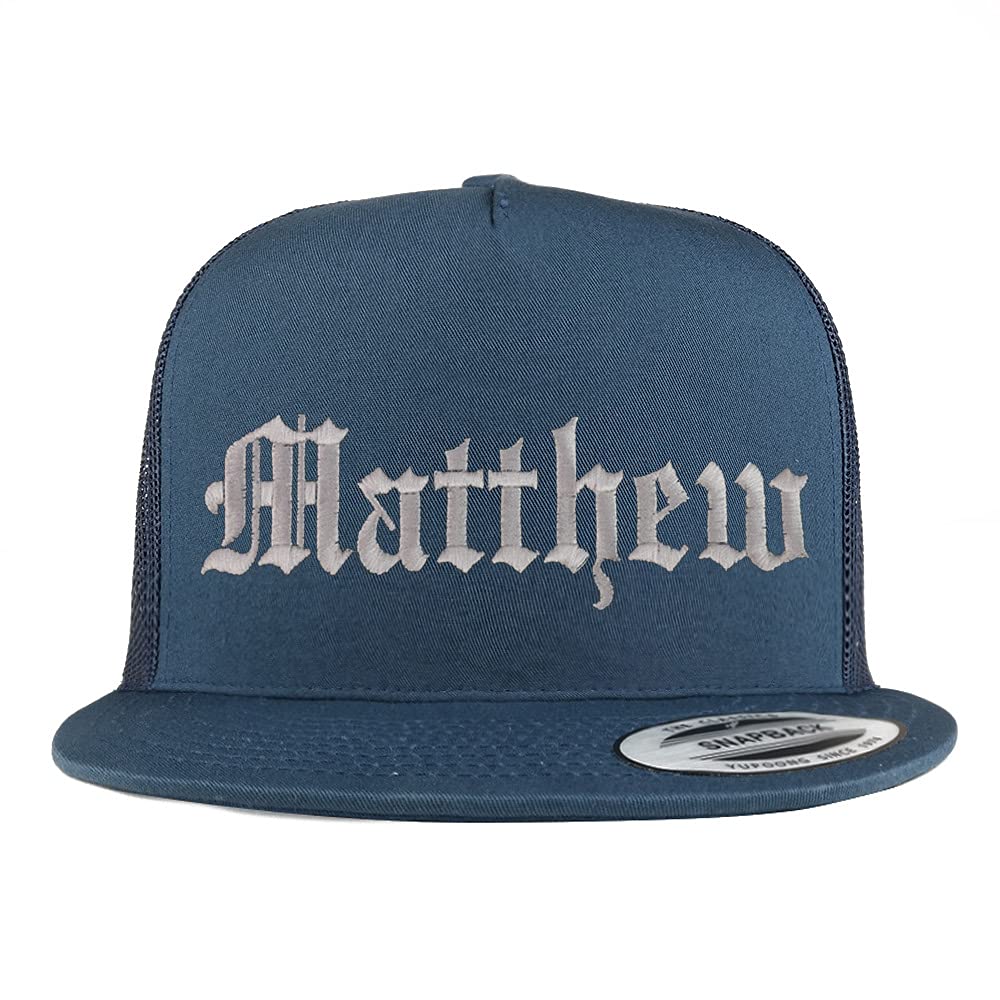 Trendy Apparel Shop Matthew Old English 5 Panel Flatbill Trucker Cap