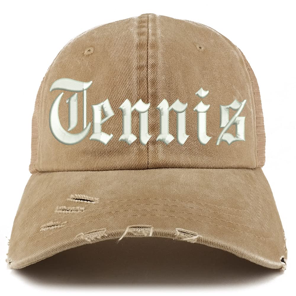 Trendy Apparel Shop Old English Tennis Frayed Bill Trucker Mesh Back Cap