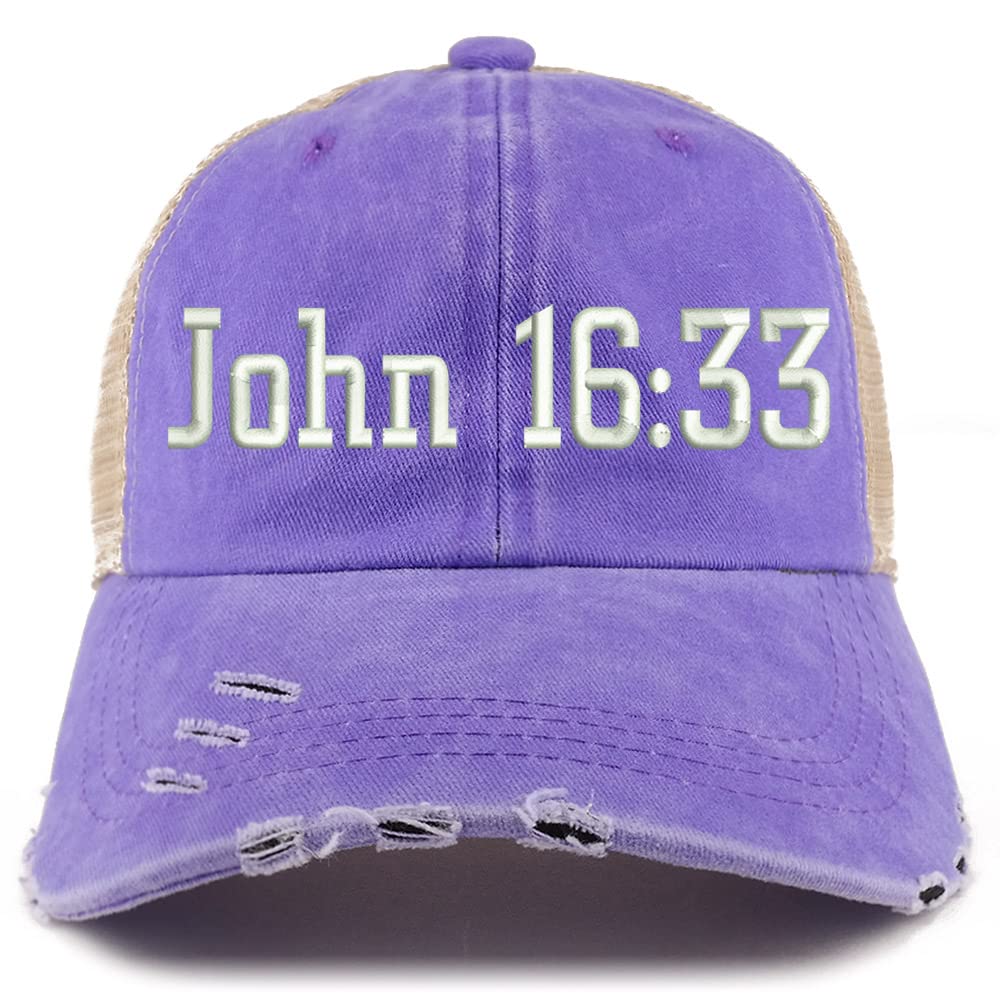 Trendy Apparel Shop John 16:33 Frayed Bill Trucker Mesh Back Cap
