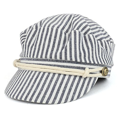 Trendy Apparel Shop Women's Greek Sailor Pinstriped Cotton Baker Boy Hat - Navy