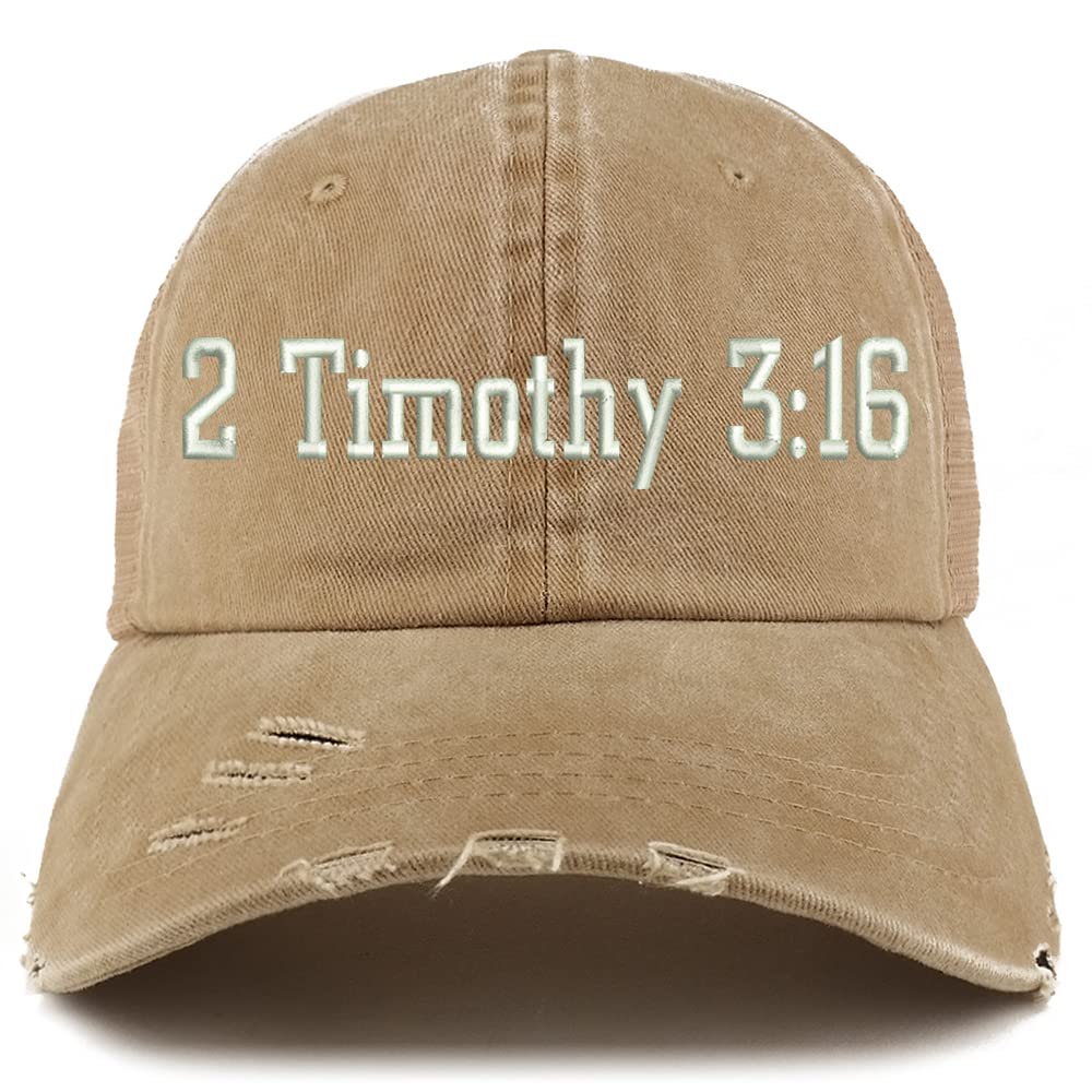 Trendy Apparel Shop 2 Timothy 3:16 Frayed Bill Trucker Mesh Back Cap