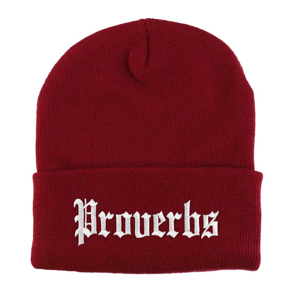 Trendy Apparel Shop Proverbs Old English Embroidered Long Cuff Beanie