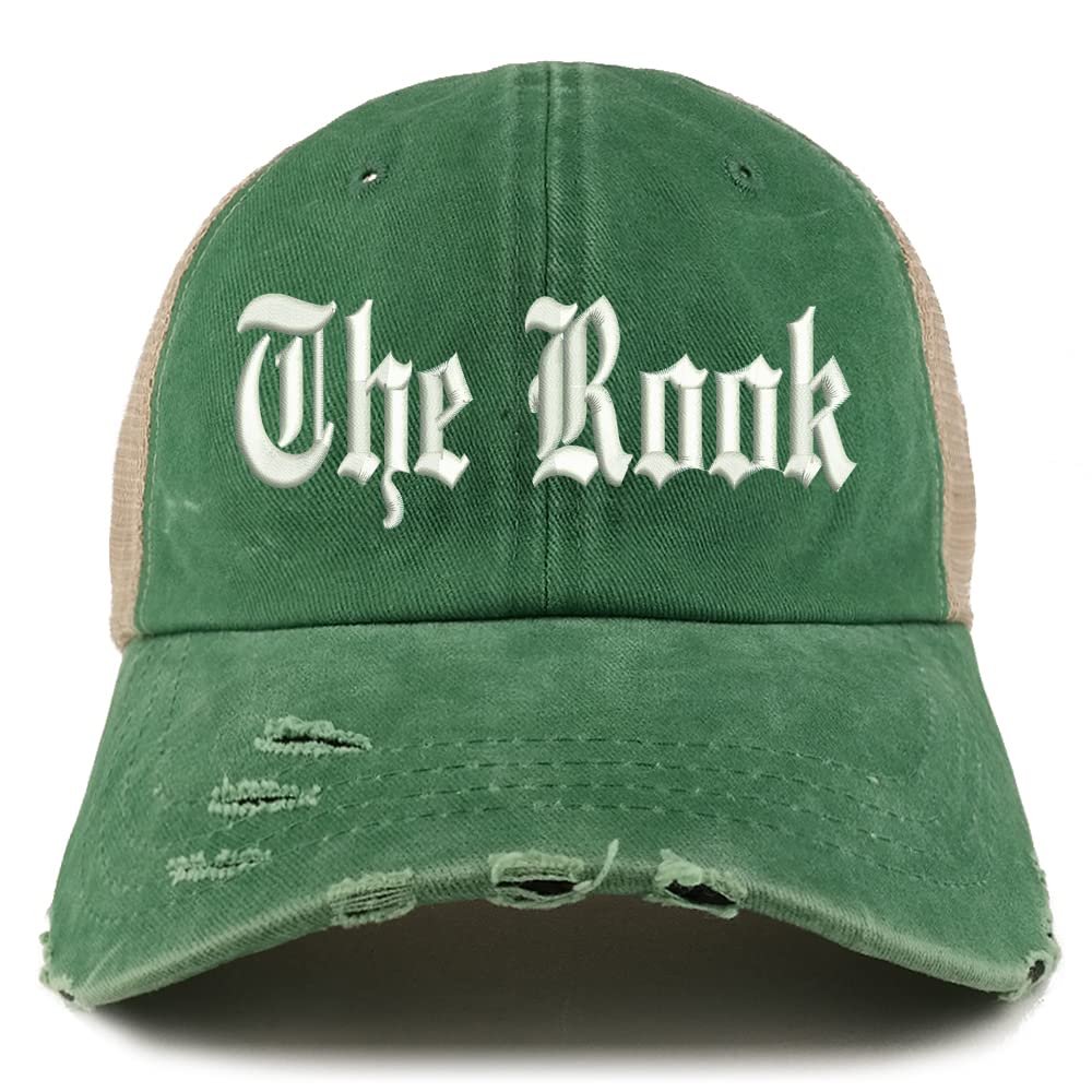 Trendy Apparel Shop The Rook Old English Embroidered Frayed Bill Trucker Mesh Back Cap