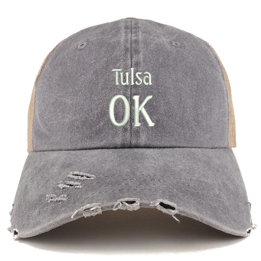 Trendy Apparel Shop Tulsa OK Embroidered Frayed Bill Trucker Mesh Back Cap