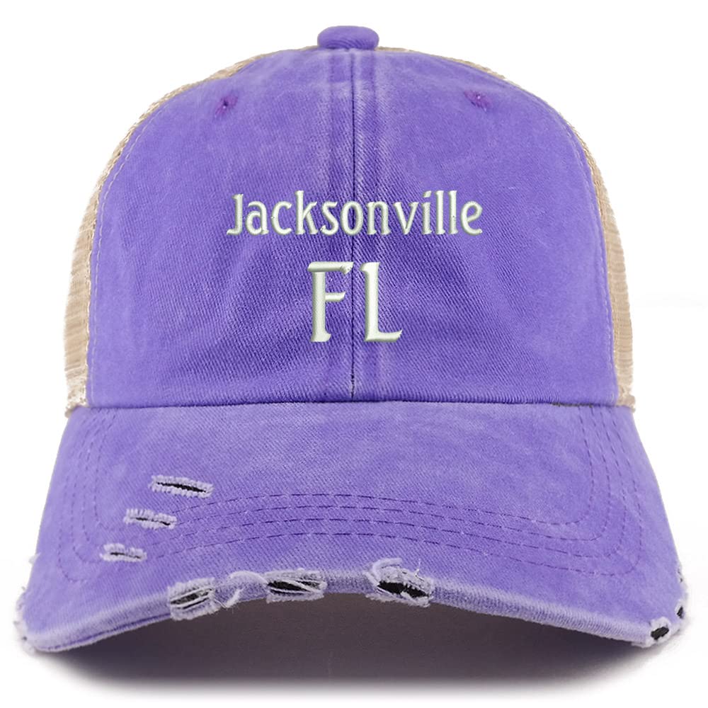 Trendy Apparel Shop Jacksonville FL Embroidered Frayed Bill Trucker Mesh Back Cap