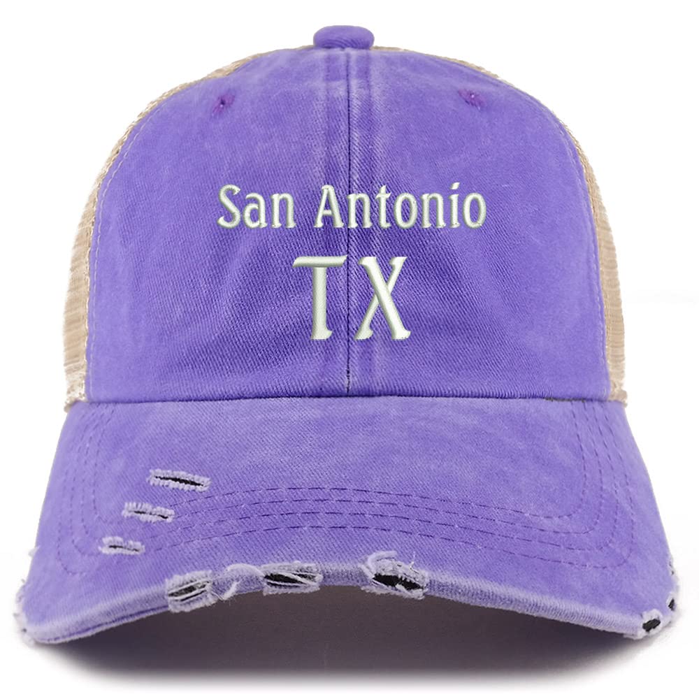 Trendy Apparel Shop San Antonio TX Embroidered Frayed Bill Trucker Mesh Back Cap