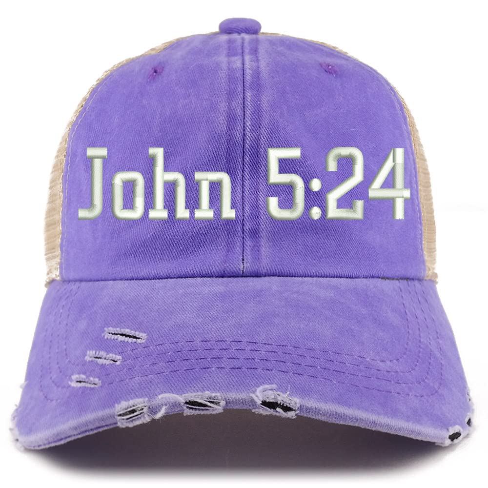 Trendy Apparel Shop John 5:24 Frayed Bill Trucker Mesh Back Cap