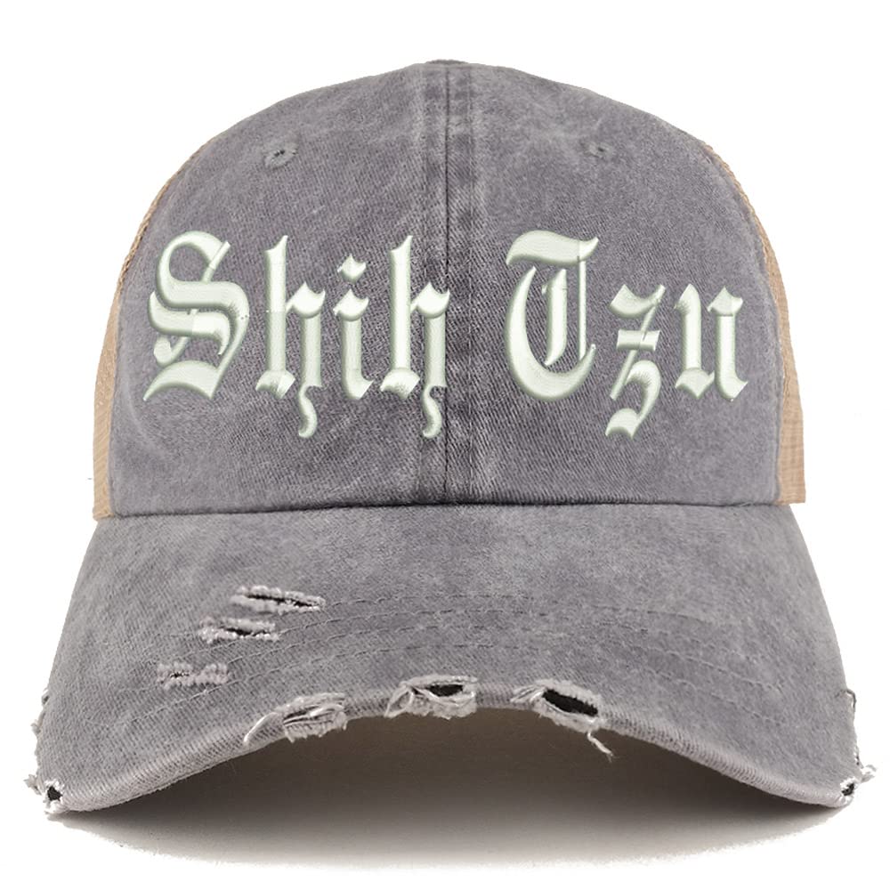 Trendy Apparel Shop Old English Shih Tzu Frayed Bill Trucker Mesh Back Cap