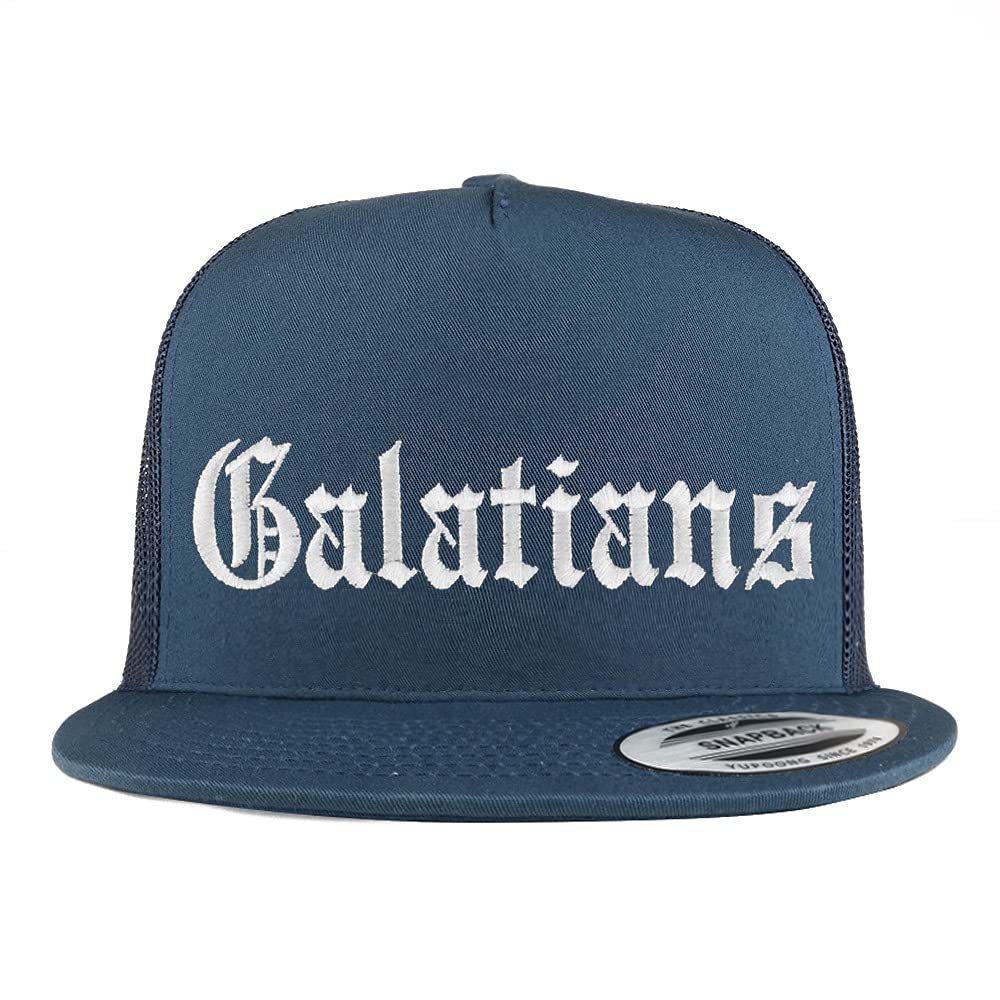 Trendy Apparel Shop Galatians Old English 5 Panel Flatbill Trucker Cap