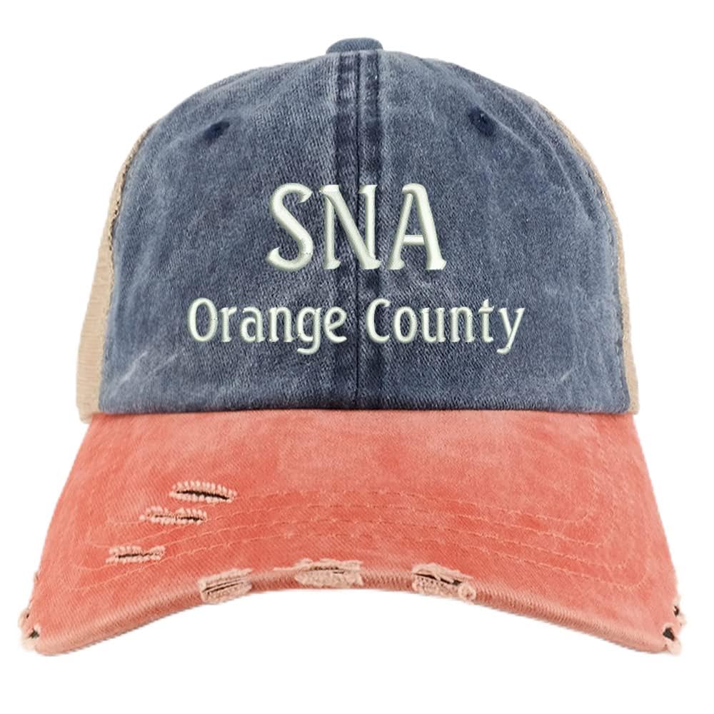 Trendy Apparel Shop SNA Orange County Embroidered Frayed Bill Trucker Mesh Back Cap