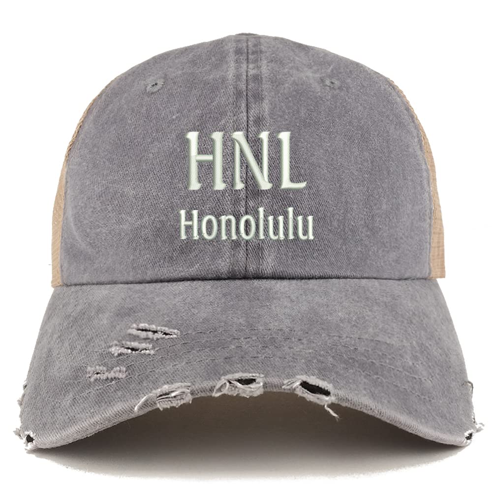Trendy Apparel Shop HNL Honolulu Embroidered Frayed Bill Trucker Mesh Back Cap