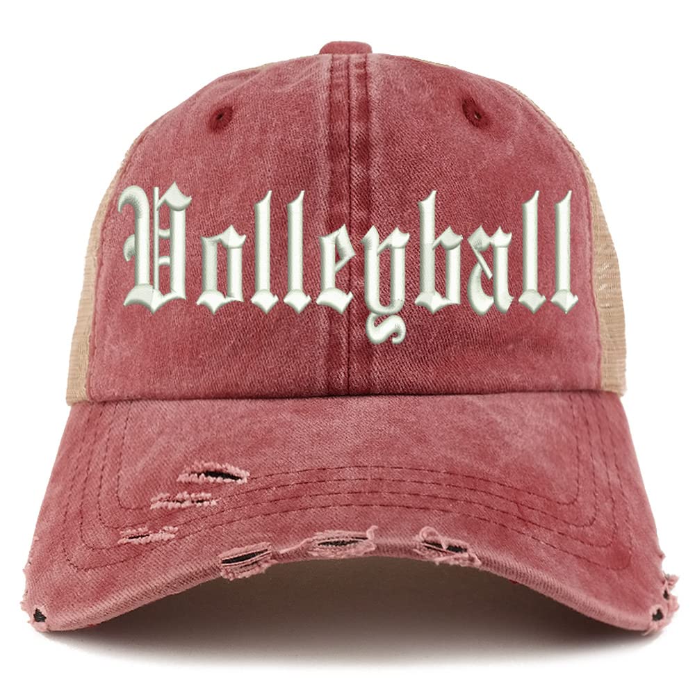 Trendy Apparel Shop Old English Volleyball Frayed Bill Trucker Mesh Back Cap