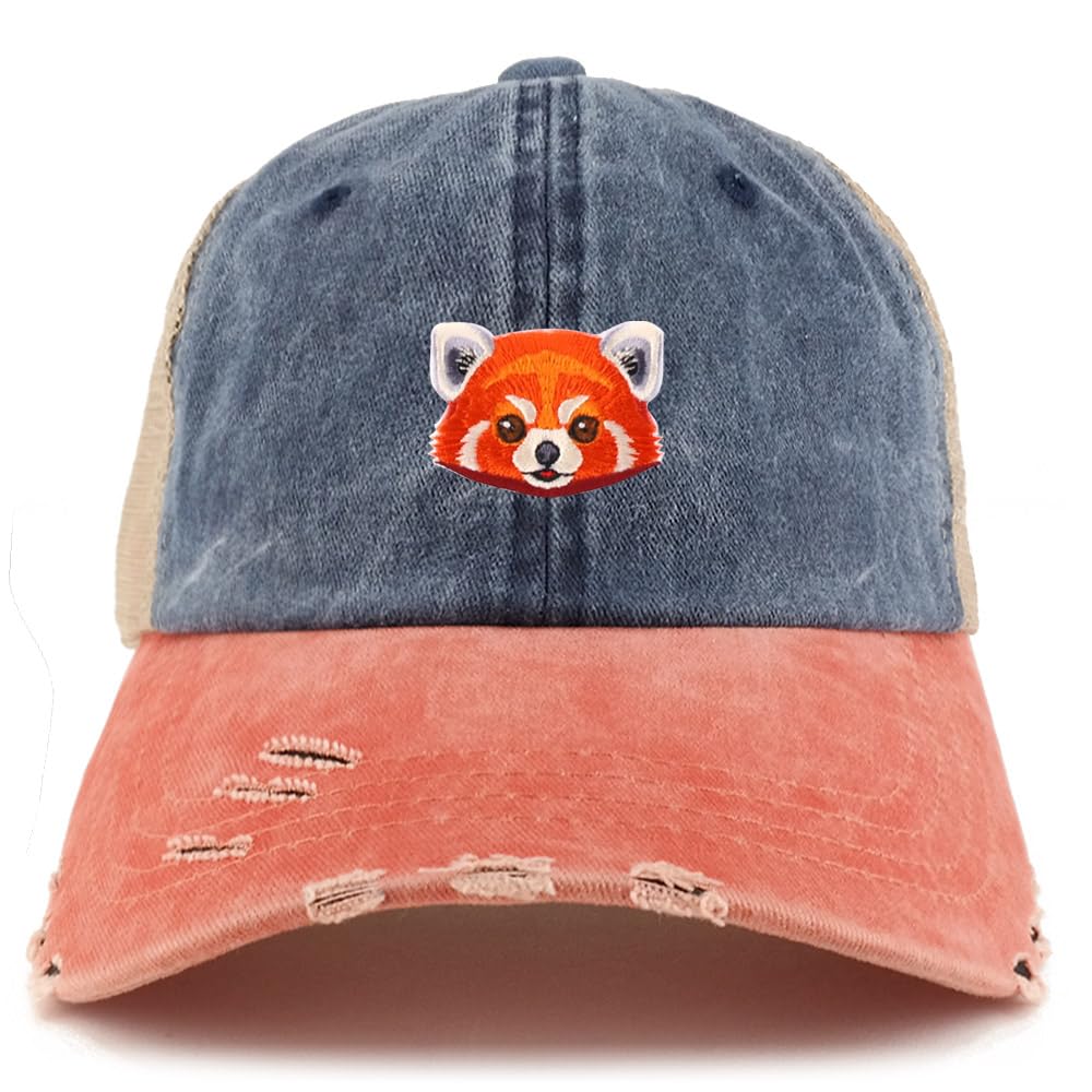 Trendy Apparel Shop Red Panda Embroidered Patch Frayed Bill Trucker Mesh Back Cap