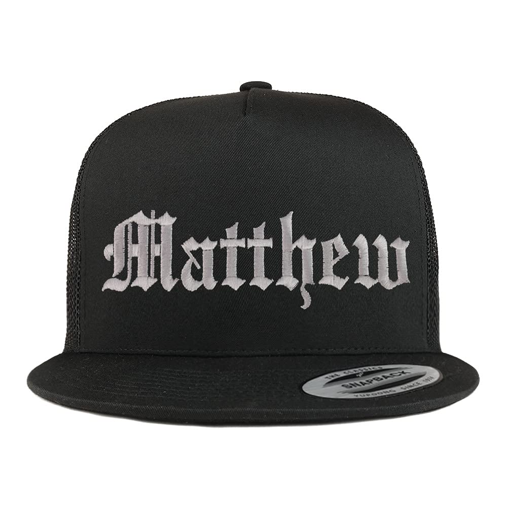 Trendy Apparel Shop Matthew Old English 5 Panel Flatbill Trucker Cap