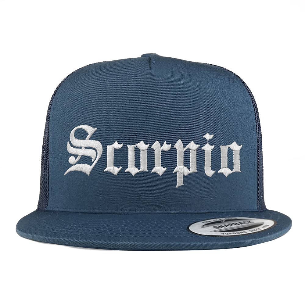 Trendy Apparel Shop Scorpio Old English 5 Panel Flatbill Trucker Cap
