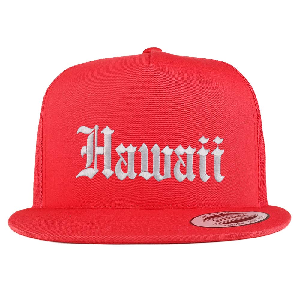 Trendy Apparel Shop Hawaii State Old English 5 Panel Flatbill Trucker Mesh Cap
