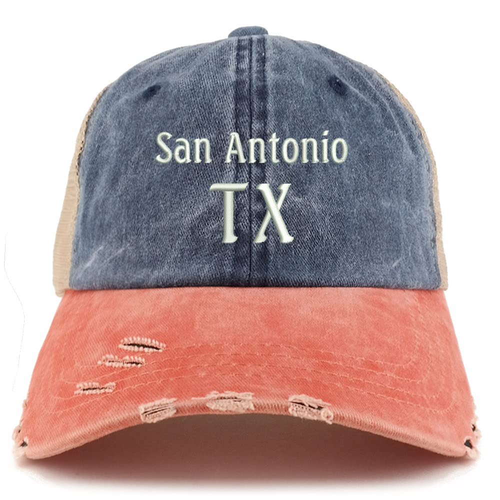 Trendy Apparel Shop San Antonio TX Embroidered Frayed Bill Trucker Mesh Back Cap