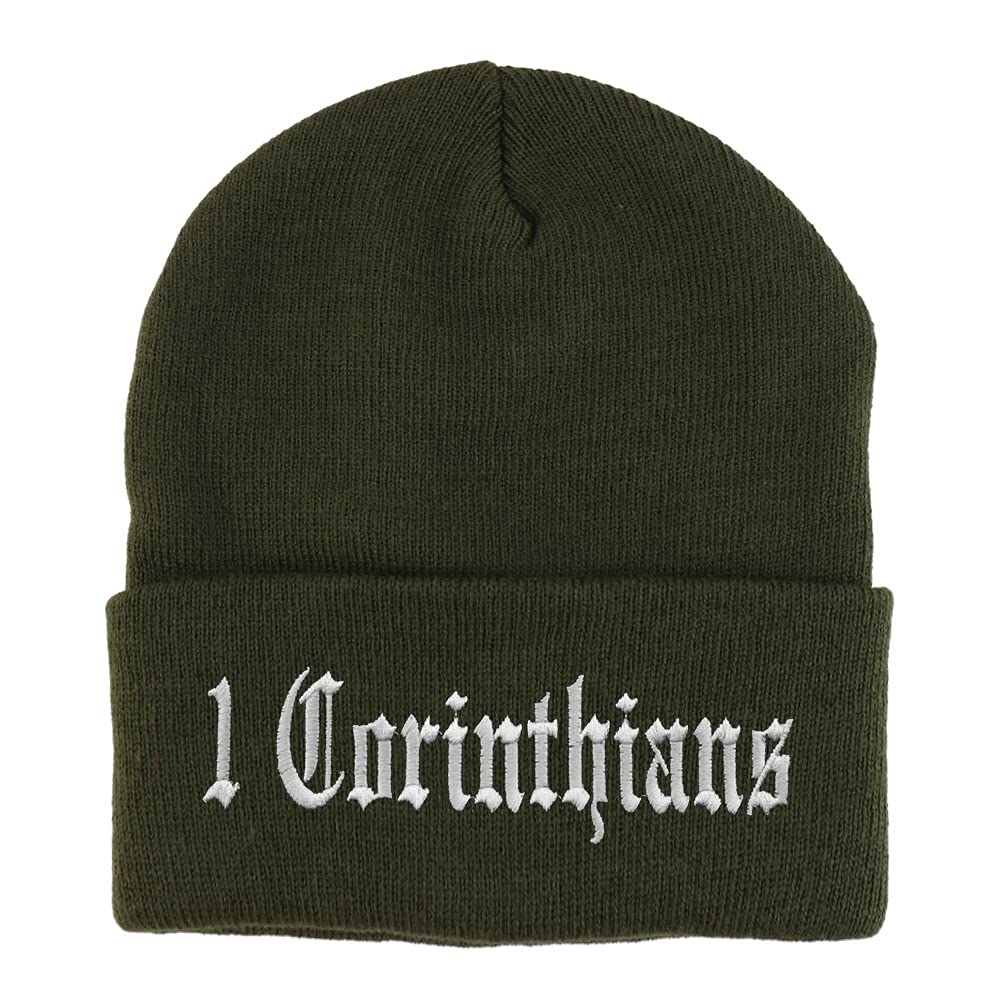Trendy Apparel Shop 1 Corinthians Old English Embroidered Long Cuff Beanie