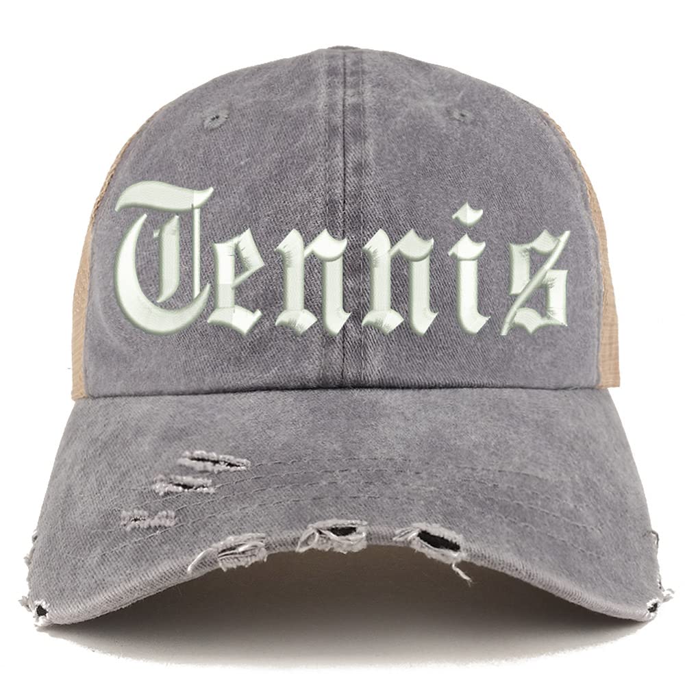 Trendy Apparel Shop Old English Tennis Frayed Bill Trucker Mesh Back Cap