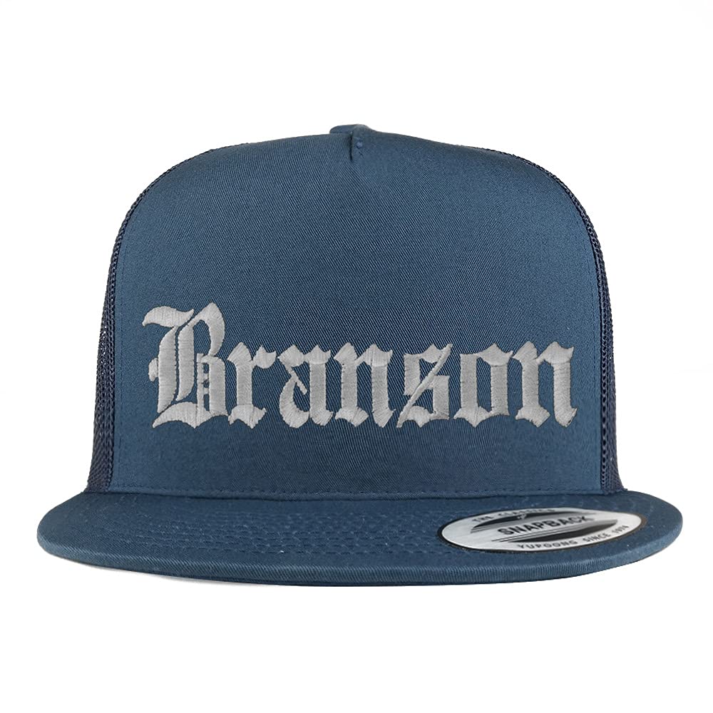 Trendy Apparel Shop Branson Old English 5 Panel Flatbill Trucker Cap