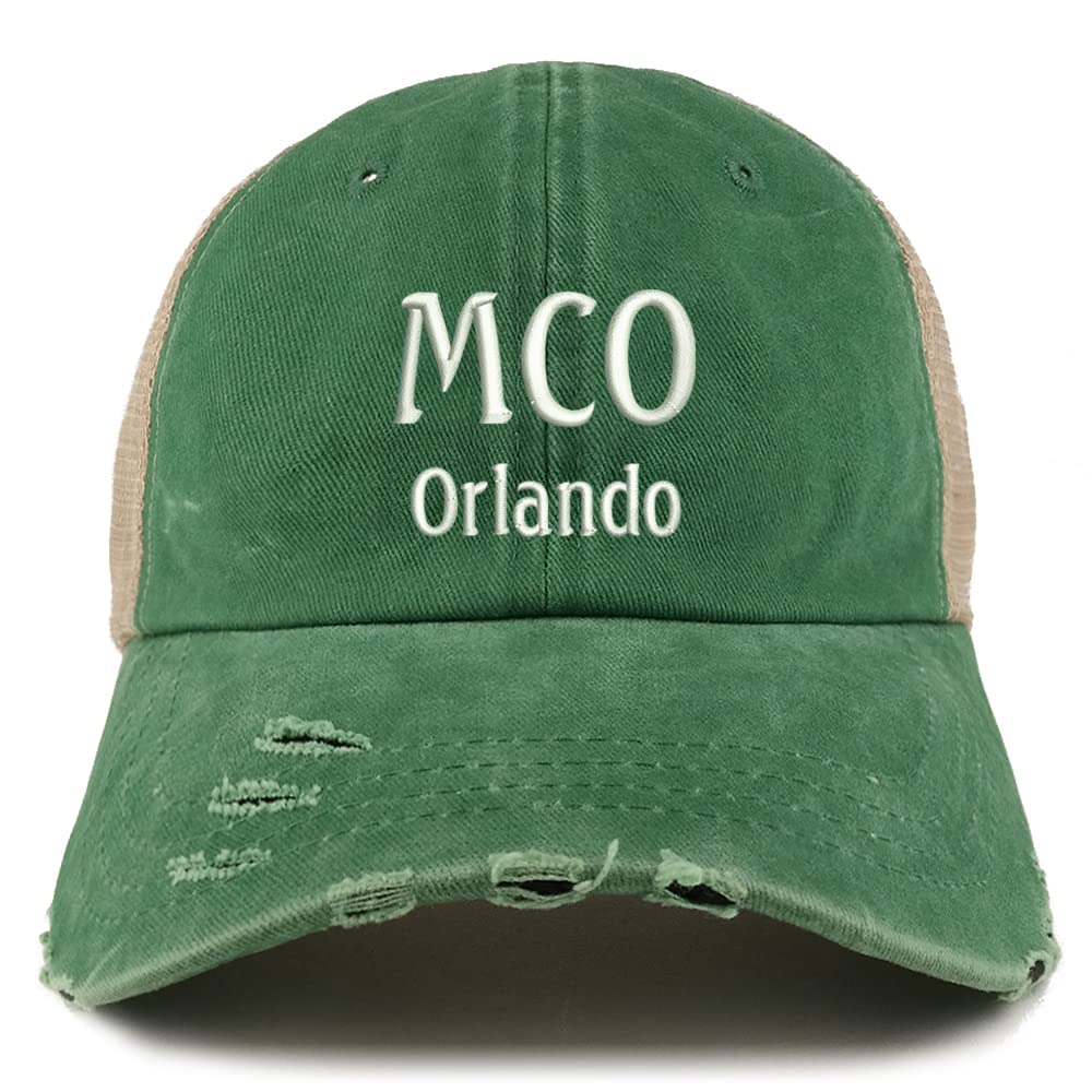 Trendy Apparel Shop MCO Orlando Embroidered Frayed Bill Trucker Mesh Back Cap